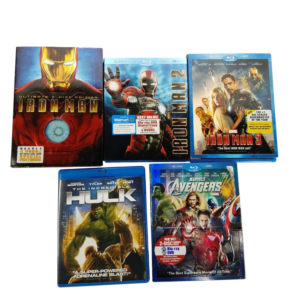 Marvel Iron Man 1 2 3 Incredible Hulk Avengers DVD Blu Ray Movie Lot Of 5